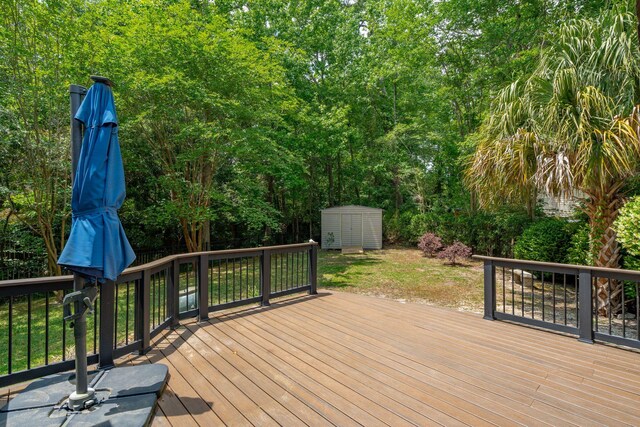 deck with a storage unit and an outbuilding