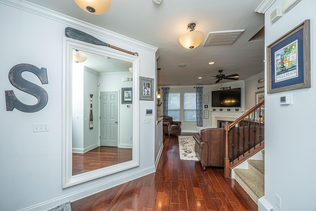 corridor featuring ornamental molding and dark wood-type flooring