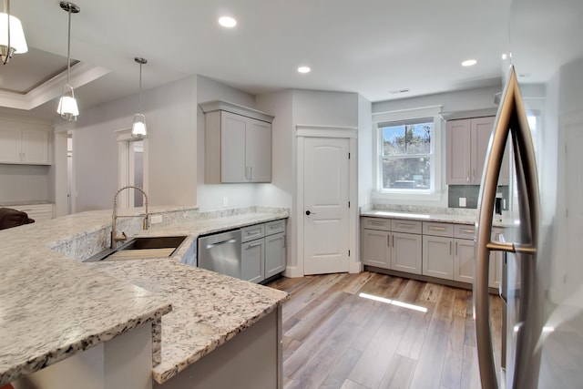 1543 Scott Hill Rd, James Island, SC 29412 - kitchen featuring a sink, appliances with stainless steel finishes, gray cabinetry, light wood-type flooring, and recessed lighting