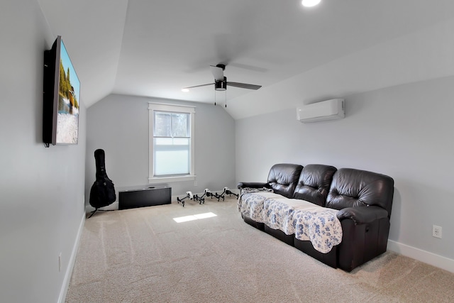 1543 Scott Hill Rd, James Island, SC 29412 - living area featuring a wall unit AC, lofted ceiling, carpet, baseboards, and ceiling fan