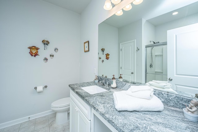 bathroom with tile patterned flooring, vanity, toilet, and a shower with shower door