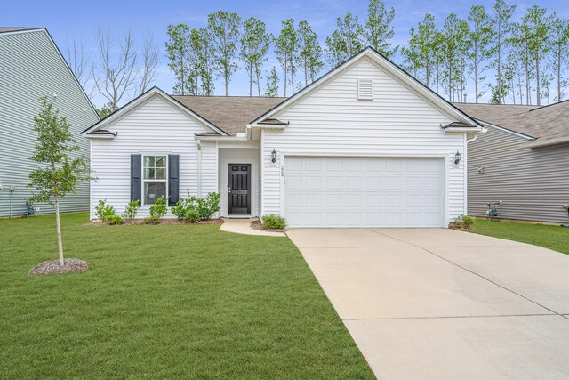 single story home featuring a front lawn and a garage