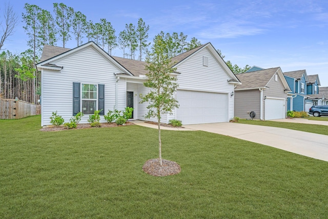 ranch-style home featuring a garage and a front lawn