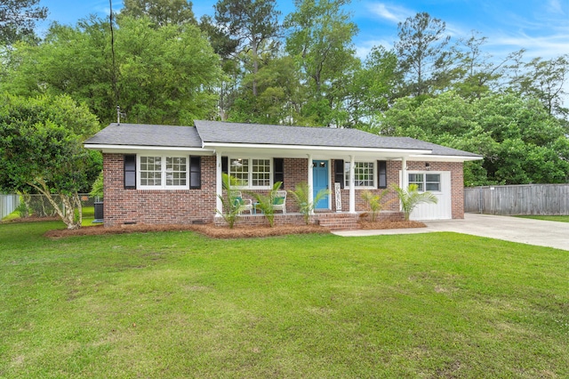 view of front of property featuring covered porch, brick siding, crawl space, and concrete driveway