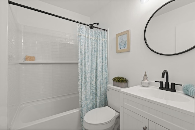 full bathroom with toilet, shower / bath combination with curtain, and vanity