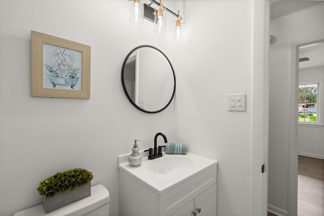bathroom featuring toilet, vanity, and wood finished floors