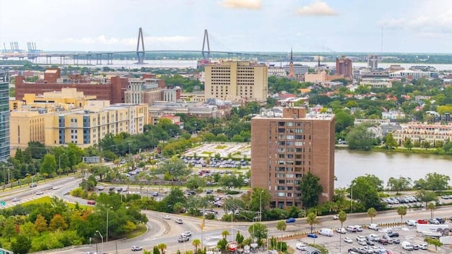 aerial view with a water view and a city view