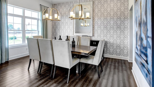 dining room with a chandelier, dark hardwood / wood-style flooring, and plenty of natural light