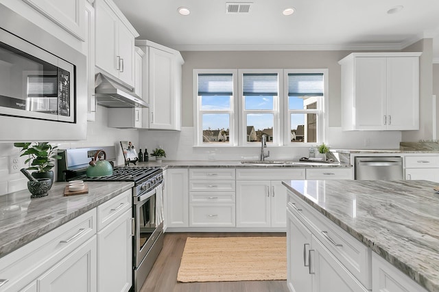 kitchen with white cabinetry, sink, and stainless steel appliances