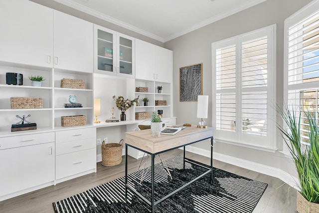 office featuring light hardwood / wood-style flooring and ornamental molding