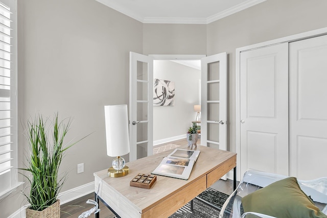 office with hardwood / wood-style floors, crown molding, and french doors