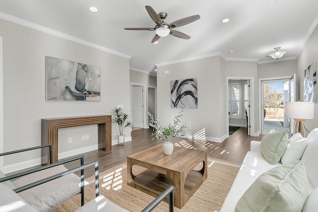 living room with ceiling fan, ornamental molding, and hardwood / wood-style floors