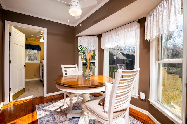 dining space featuring baseboards, ornamental molding, wood finished floors, plenty of natural light, and a ceiling fan