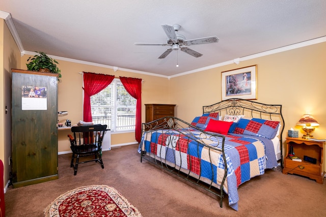 bedroom with a ceiling fan, baseboards, carpet, and crown molding