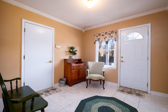 entrance foyer with light tile patterned floors, crown molding, and baseboards