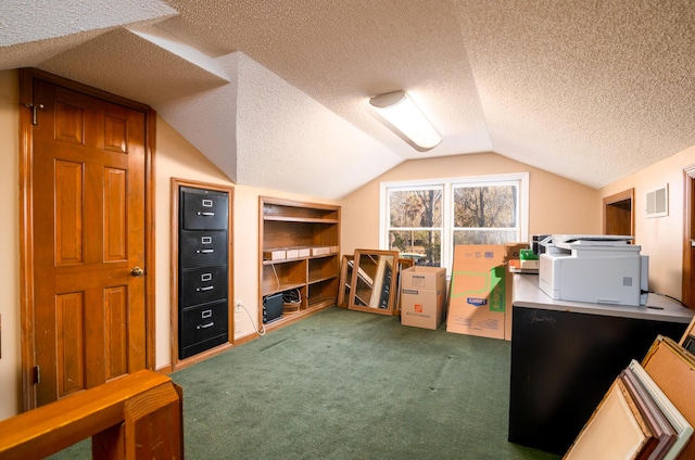 interior space with visible vents, built in shelves, a textured ceiling, carpet flooring, and lofted ceiling