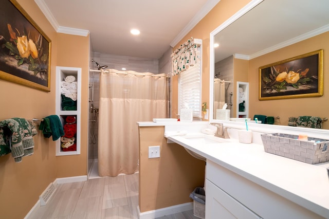 full bath with vanity, a shower with curtain, visible vents, recessed lighting, and ornamental molding