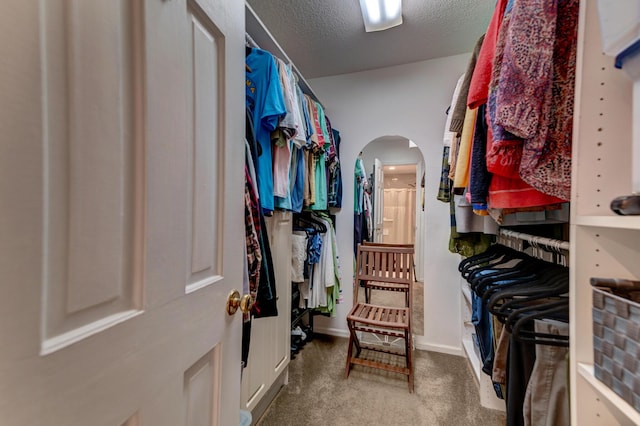 spacious closet with arched walkways and carpet