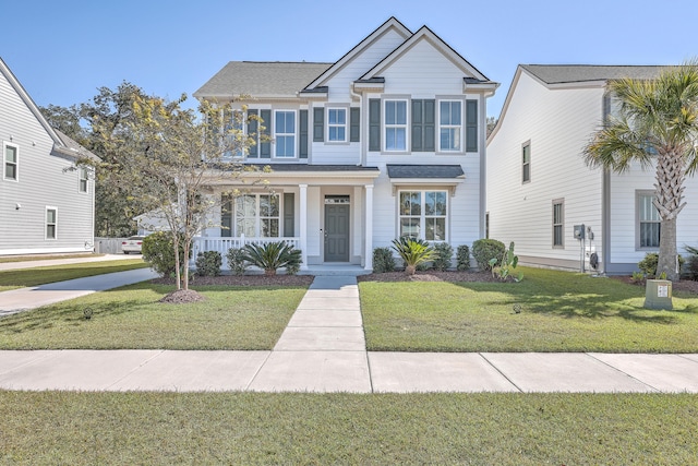 view of front of property featuring a front yard and covered porch