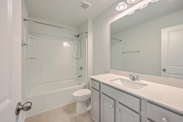 full bathroom featuring shower / tub combination, tile patterned floors, toilet, and vanity