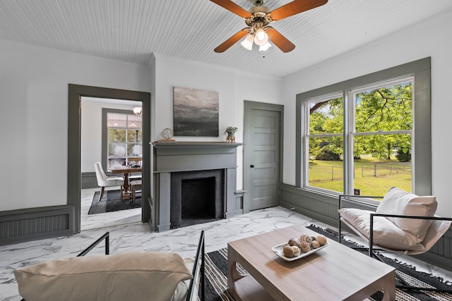 285 Roosevelt Dr, Saint Stephen, SC 29479 - living room with marble finish flooring, ceiling fan, and crown molding