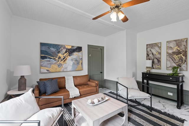 285 Roosevelt Dr, Saint Stephen, SC 29479 - living room with light marble finish flooring, ceiling fan, and crown molding