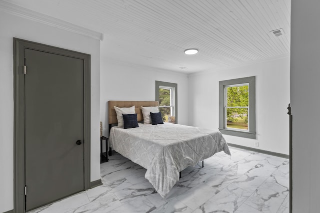 285 Roosevelt Dr, Saint Stephen, SC 29479 - bedroom featuring marble look tile flooring, crown molding, baseboards, and wood ceiling
