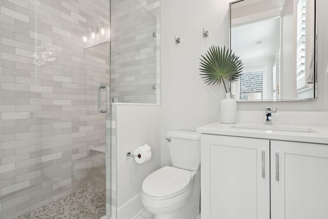 bathroom featuring toilet, vanity, and walk in shower