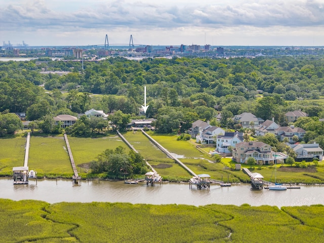 bird's eye view with a water view