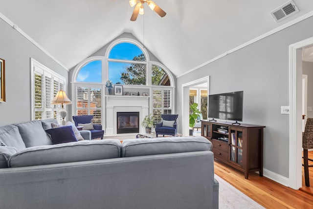 2707 Waterpointe Cir, Mount Pleasant, SC 29466 - living room with ceiling fan, lofted ceiling, light wood-style flooring, a glass covered fireplace, and baseboards
