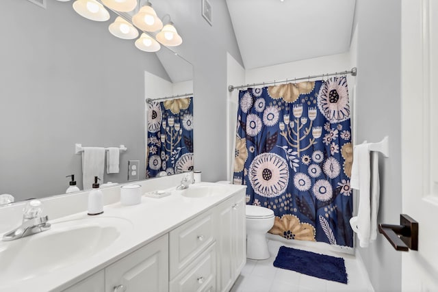 2707 Waterpointe Cir, Mount Pleasant, SC 29466 - full bath with double vanity, toilet, lofted ceiling, a shower with shower curtain, and tile patterned flooring