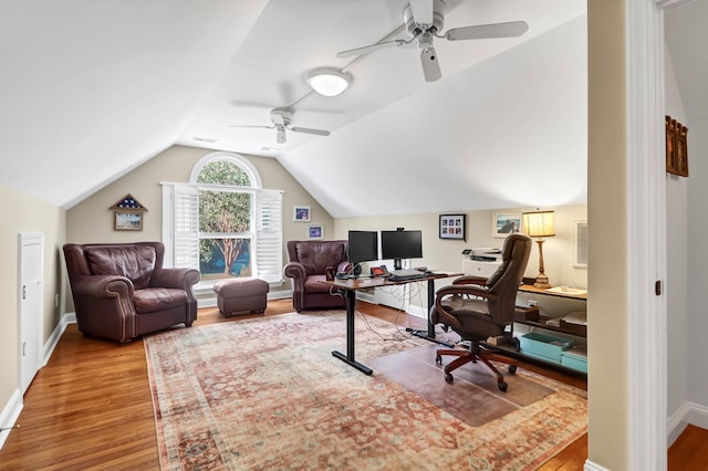 2707 Waterpointe Cir, Mount Pleasant, SC 29466 - home office featuring a ceiling fan, wood finished floors, lofted ceiling, and baseboards