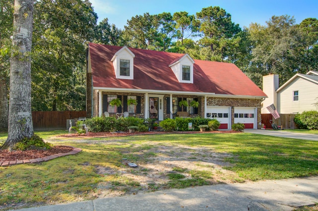 cape cod house featuring a porch, a garage, central AC, and a front lawn