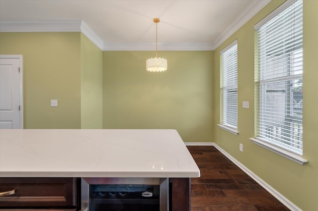 1533 Bluewater Way, Charleston, SC 29414 - kitchen with beverage cooler, ornamental molding, dark wood-style flooring, a chandelier, and baseboards