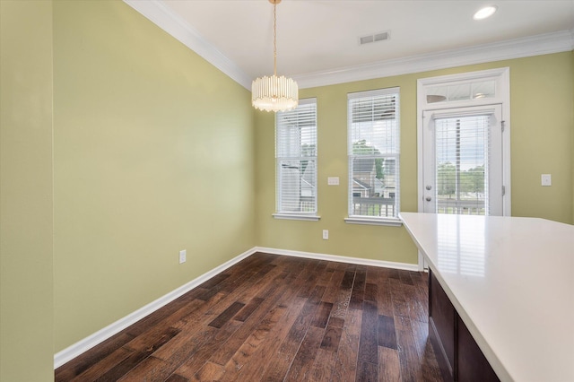 1533 Bluewater Way, Charleston, SC 29414 - unfurnished dining area with crown molding, dark wood-style floors, a chandelier, and baseboards