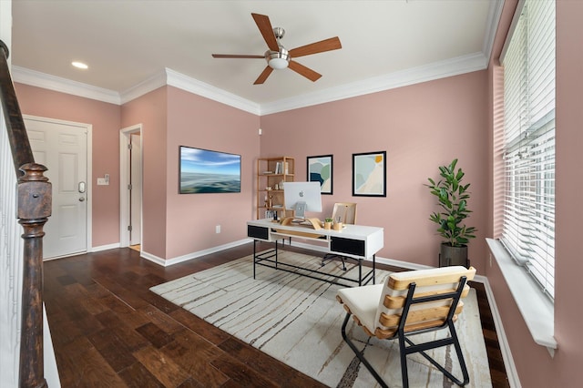 1533 Bluewater Way, Charleston, SC 29414 - office area featuring a ceiling fan, baseboards, wood finished floors, ornamental molding, and recessed lighting