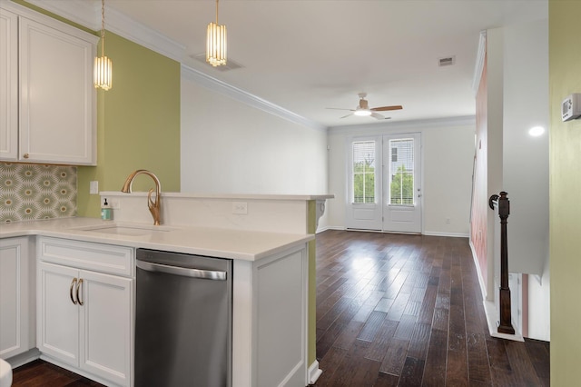 1533 Bluewater Way, Charleston, SC 29414 - kitchen with dishwasher, a peninsula, crown molding, dark wood-style floors, and a sink