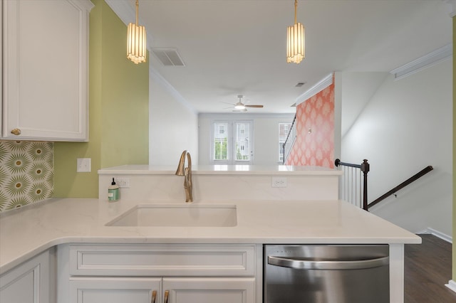 1533 Bluewater Way, Charleston, SC 29414 - kitchen featuring dishwasher, ornamental molding, a sink, a peninsula, and dark wood-type flooring