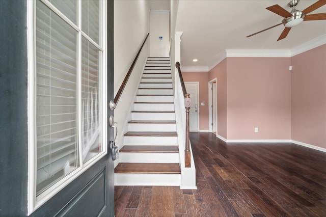 1533 Bluewater Way, Charleston, SC 29414 - stairway with ceiling fan, crown molding, hardwood / wood-style floors, baseboards, and recessed lighting