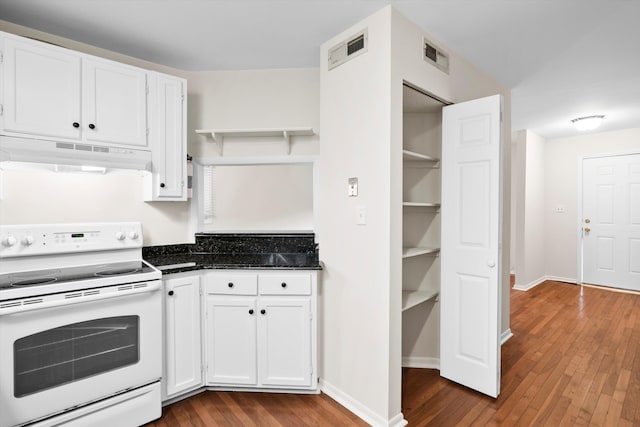 22 Ogier St, Charleston, SC 29403 - kitchen featuring white electric stove, under cabinet range hood, open shelves, hardwood / wood-style flooring, and white cabinetry
