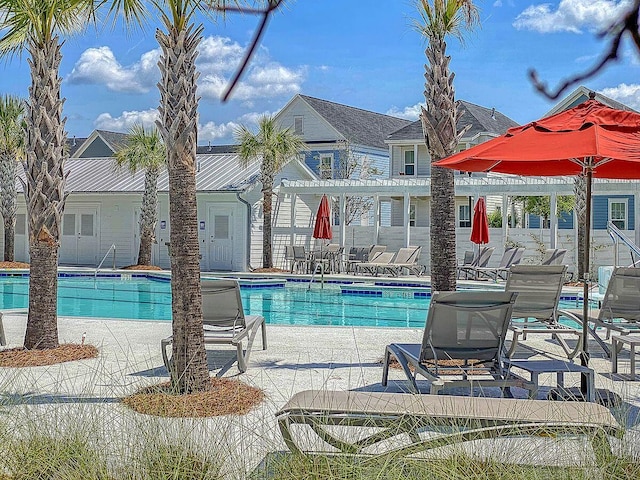 view of swimming pool featuring a patio