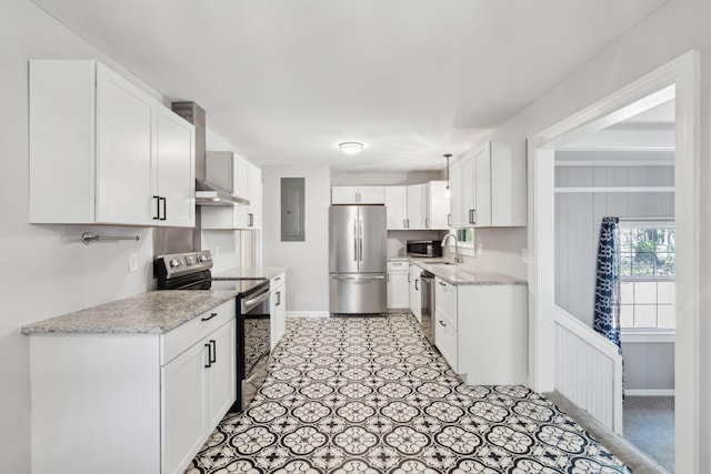 kitchen with electric panel, white cabinets, appliances with stainless steel finishes, and wall chimney exhaust hood