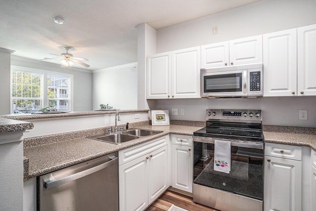 kitchen with ornamental molding, stainless steel appliances, ceiling fan, sink, and white cabinetry