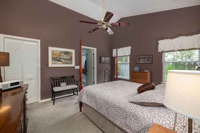 1578 Harborsun Dr, Charleston, SC 29412 - carpeted bedroom with a ceiling fan, baseboards, a closet, and high vaulted ceiling