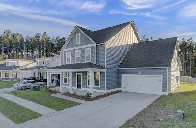 view of front of house with a shingled roof, an attached garage, a front yard, and covered porch