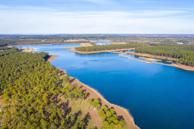 bird's eye view of a nearby body of water and a heavily wooded area