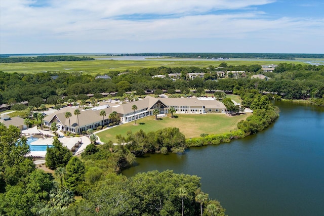 drone / aerial view featuring a water view