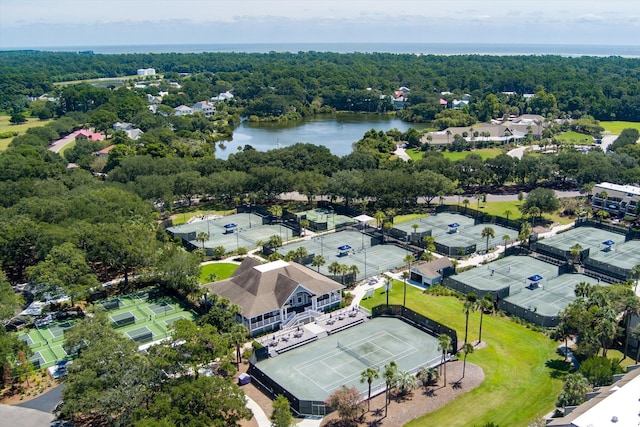 drone / aerial view with a water view