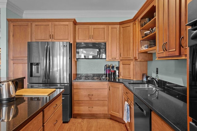 kitchen with open shelves, a sink, black appliances, crown molding, and brown cabinets