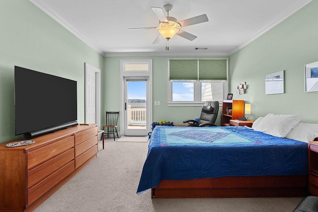 bedroom featuring visible vents, a ceiling fan, access to outside, crown molding, and light colored carpet